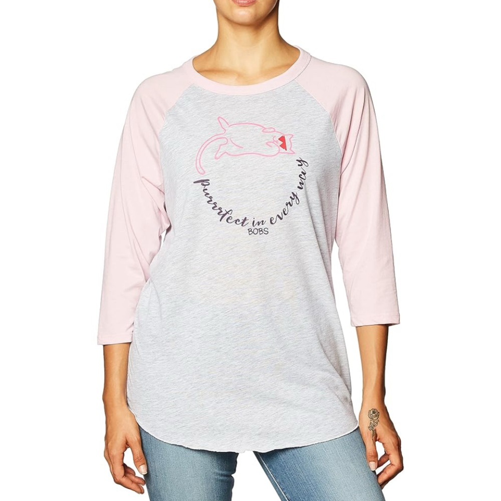 Bob’s for Skechers Raglan Sleeve Tee – Pink & Gray – Cat Graphic – Size S